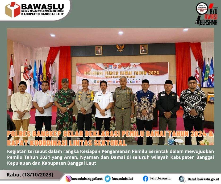 Ketua Bawaslu Kabupaten Banggai Laut Moh. Ihwan, SH  hadiri kegiatan Deklarasi Pemilu Damai Pemilu Serentak Tahun 2024 dan Rapat Koordinasi Lintas Sektoral Operasi Mantap Brata 2023 -2024
