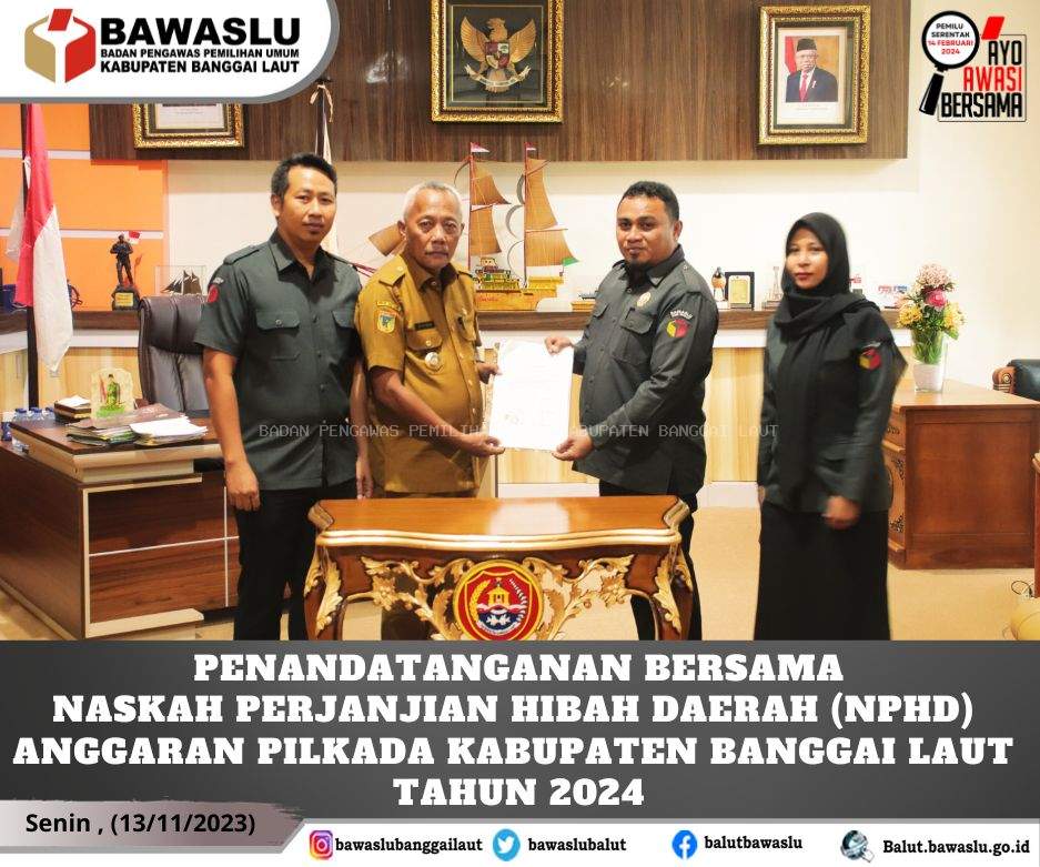 Penandatanganan Naskah Perjanjian Hibah Daerah (NPHD) untuk Anggaran Pilkada Kabupaten Banggai Laut Tahun 2024
